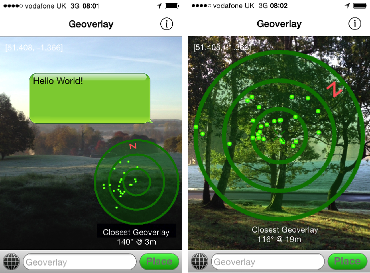 Two images of the Geoverlay App. One showing Hello World!, the other showing the Geoverlay Radar