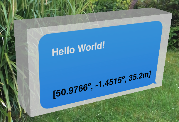 Screenshot of Geoverlay v2.0.0 showing a Geo, with msg "Hello World", rendered in 3D using ARKit