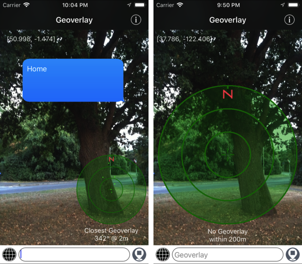 Screenshots from geoverlay 1.1 showing a geo with the txt "Home" and the geoverlay radar